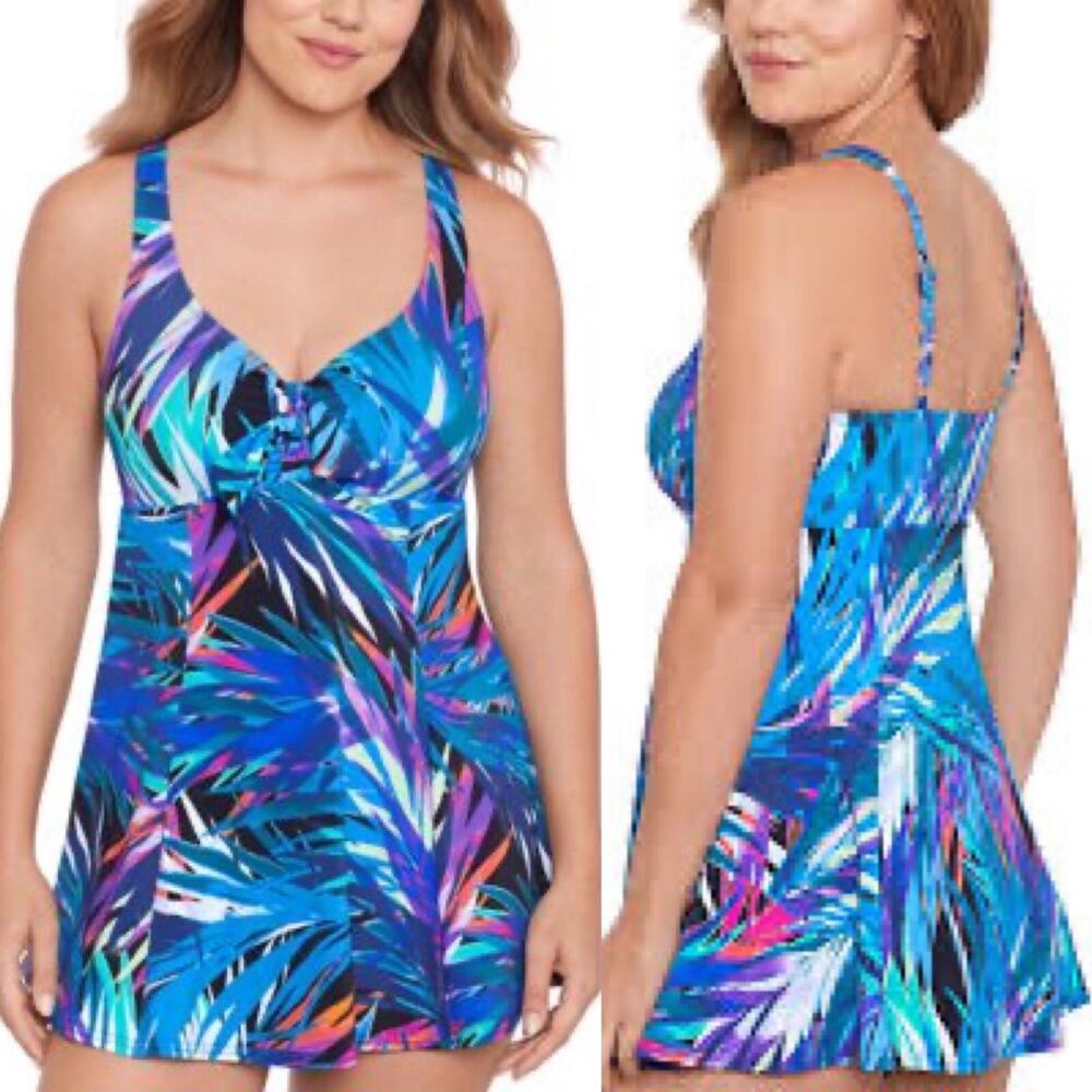 Swim Solutions Bow-Front Swim Dress Black Multicolor 60202186 Women's 10 NWT